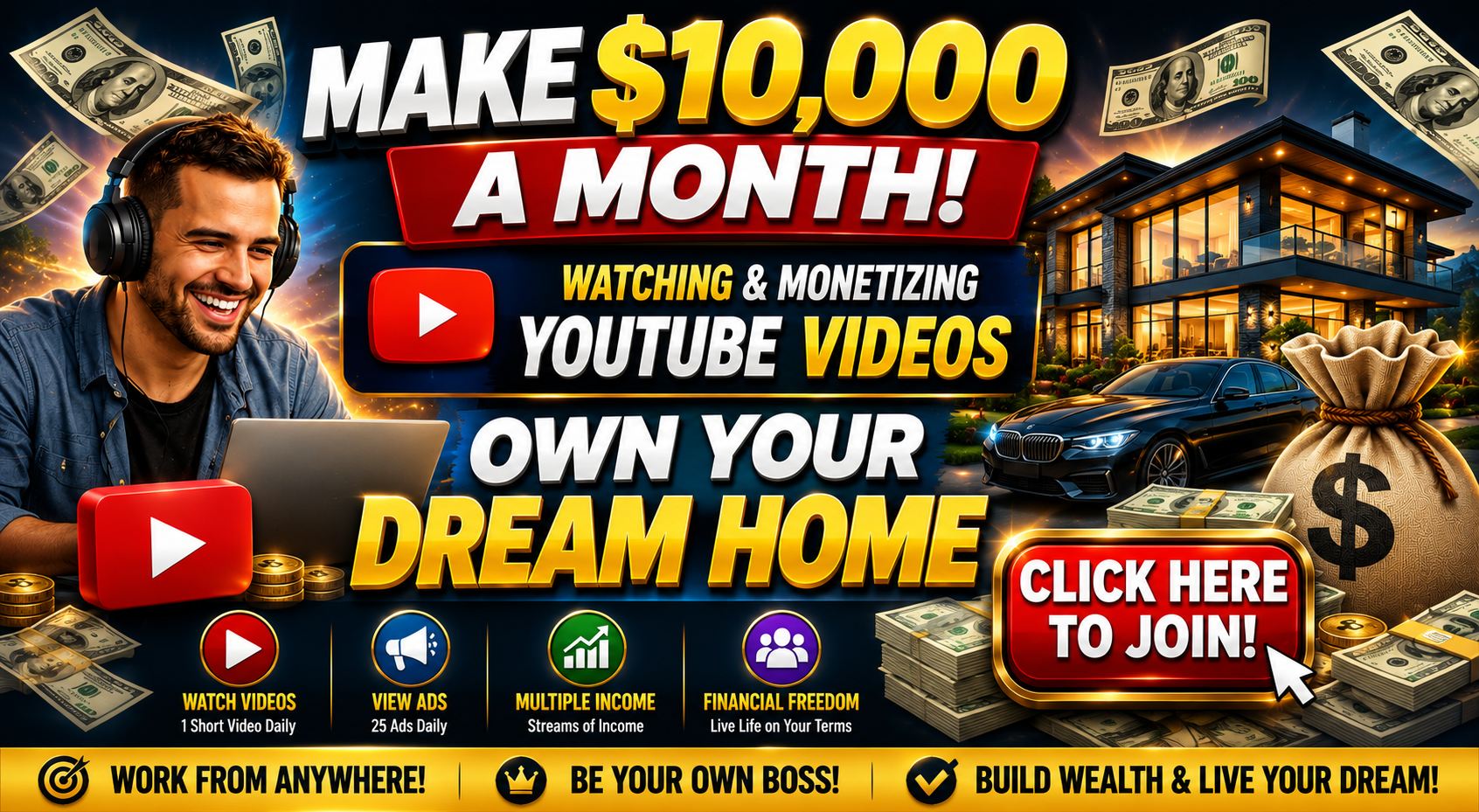 Make $10,000 a month watching & monetizing YouTube videos — Click here to join