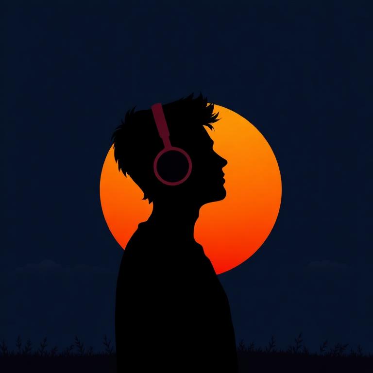 Listener silhouette with headphones against a warm sunset